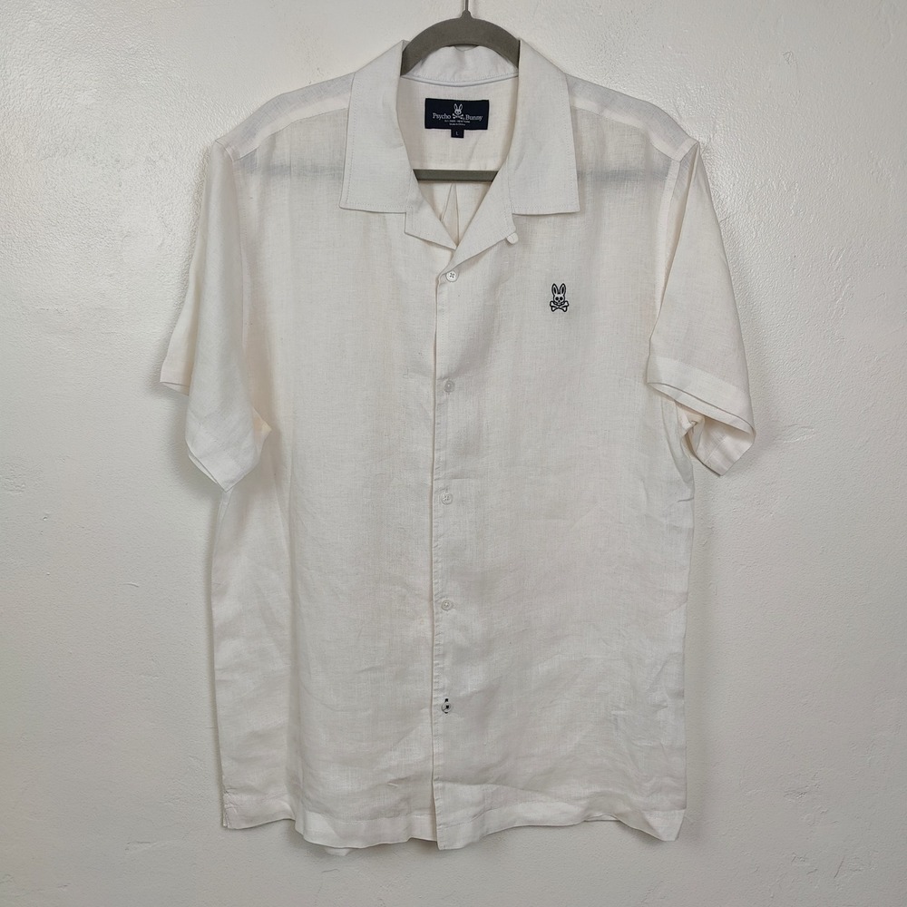 Psycho Bunny Shirt Mens Large White Linen Camp Collar Short Sleeve Resort - Picture 2 of 10